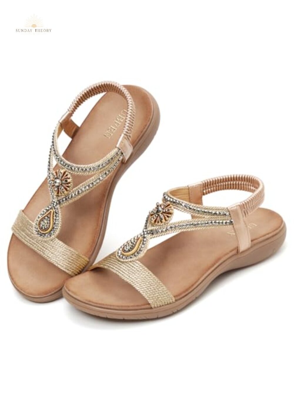 Rhinestone Flat Sandals for Women Glitter T-Strap Comfortable Boho Summer Beach